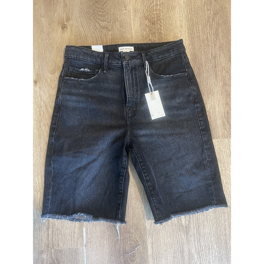 NEW‎ Good American Women's Denim Hood 90's Bermuda Shorts Black Raw Hem Size 00